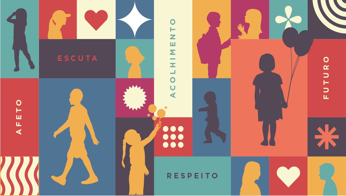 Mosaico colorido com silhuetas de crianças e adolescentes — Escuta, Acolhimento, Afeto, Respeito, Futuro